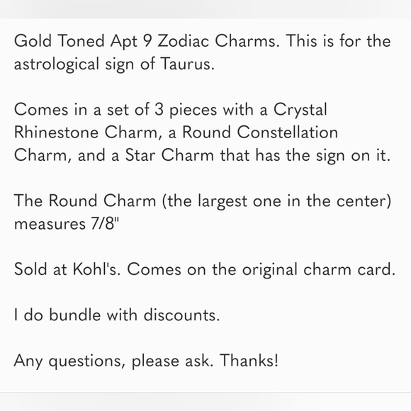 Apt 9 Taurus Zodiac Charms 3 Piece Set - Picture 4 of 4